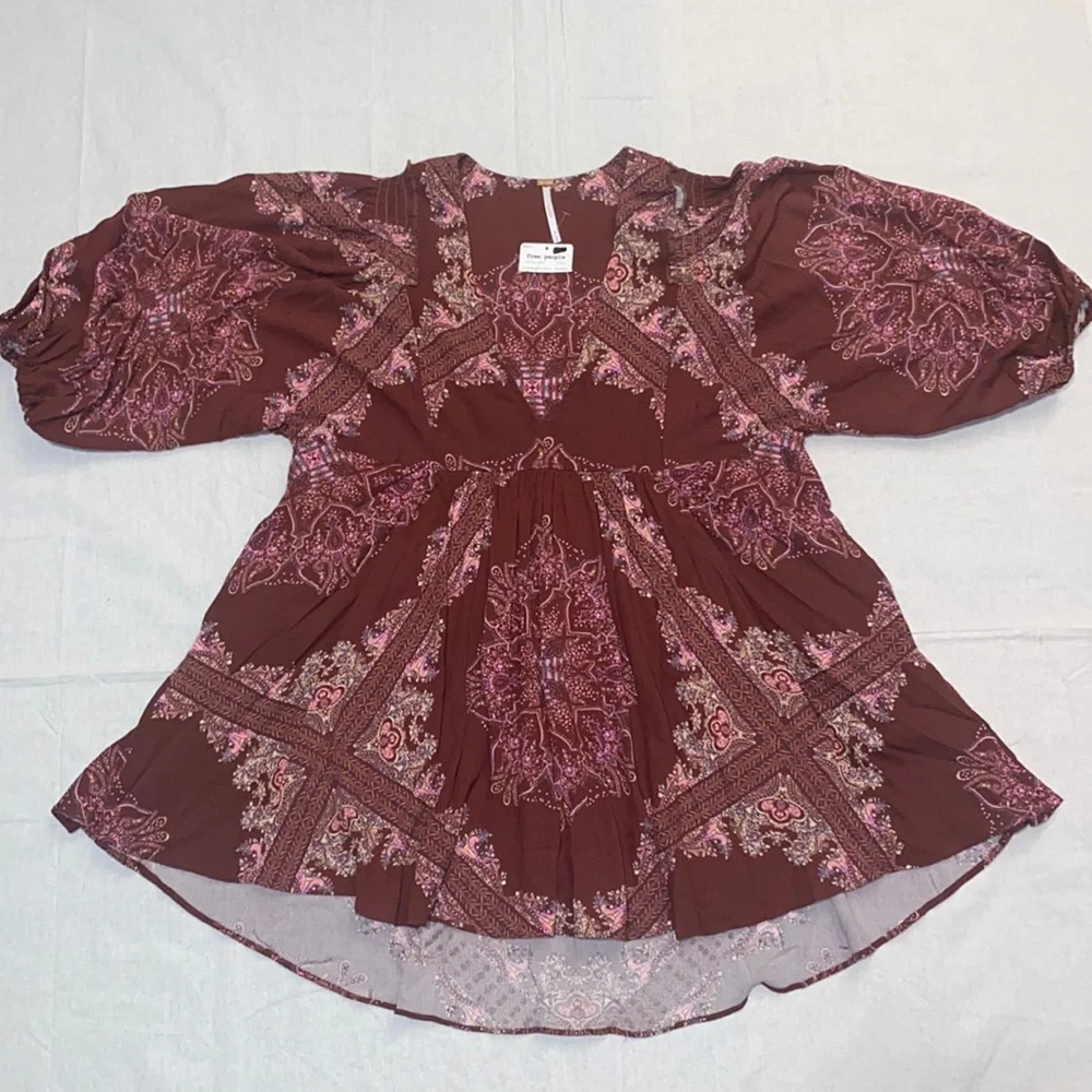 Free People Girl Talk Printed Tunic Top - Pomegranate Combo - Picture 8 of 15